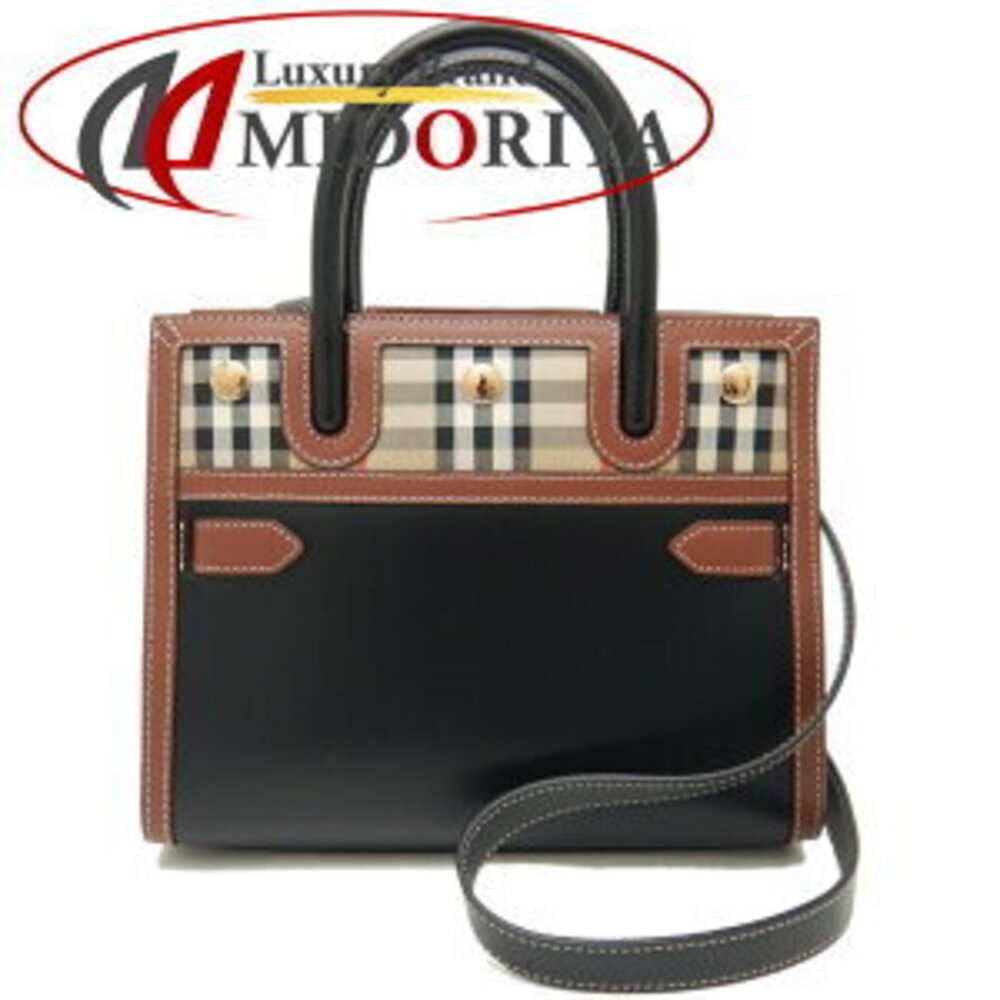 BURBERRY Baby Title Tote Bag Checkered Leather Canvas Black Beige